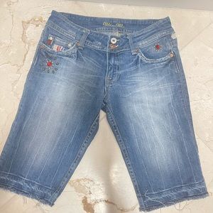 Miss Me Denim Mid-Rise Plaid Rhinestones Raw Hem Bermuda Shorts Size 28